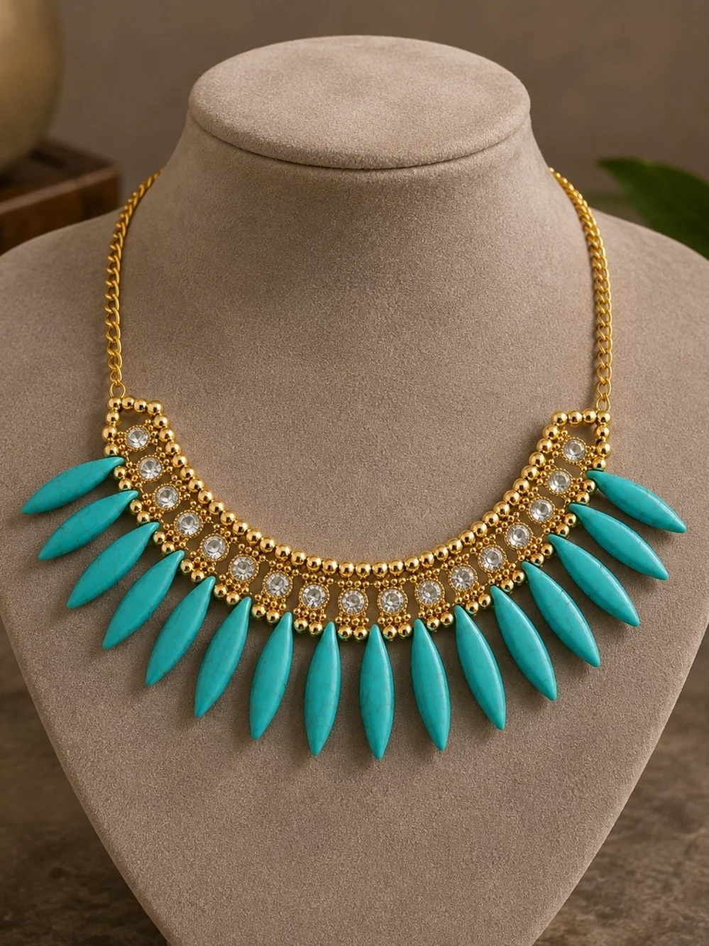 Gold-Tone Turquoise Spike Statement Boho Necklace